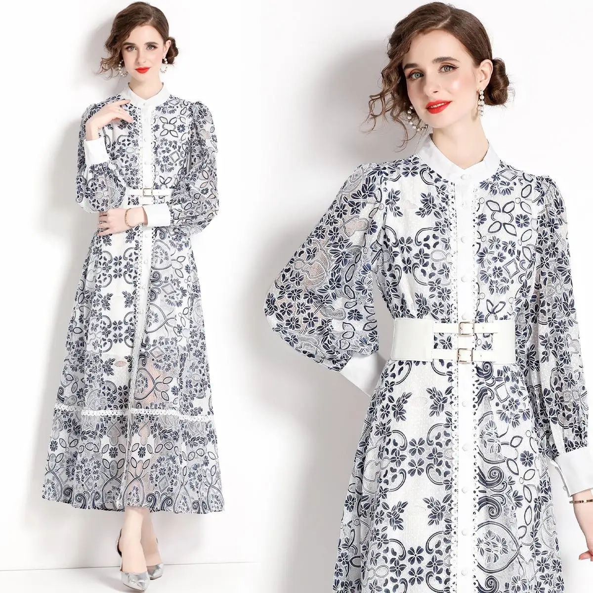 

Single Breasted Lace Hollow Out Embroidery Long Dress Spring Dress Women's O-Neck Lantern Sleeve Belt