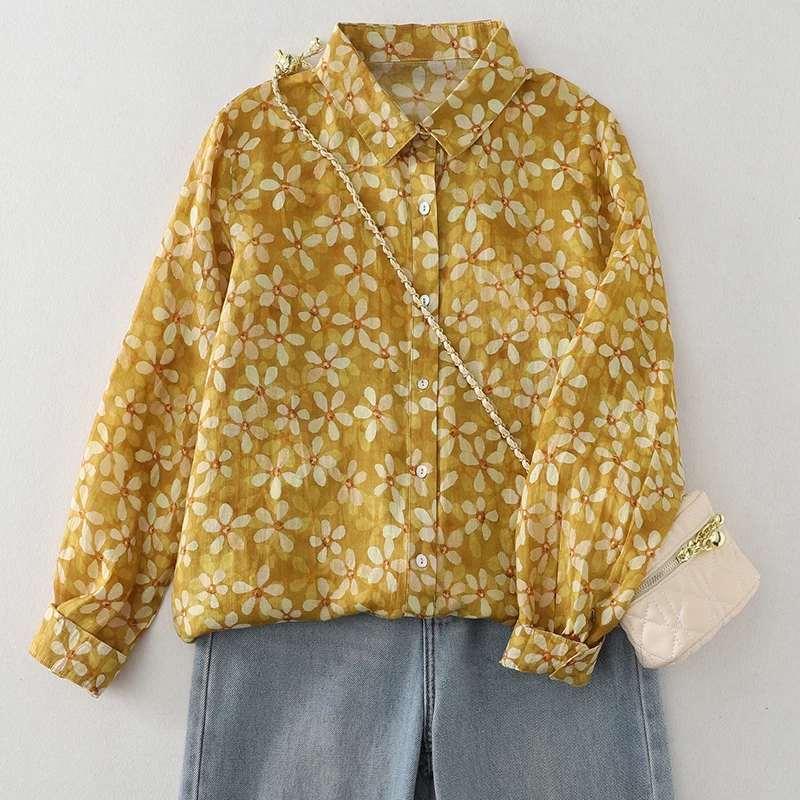 Jesienny Nowy Różowy Kwiatowy Top Damski z Lnu z Artystycznym Nadrukiem, Krótki, Słodki, Luźny Krój, Długi Rękaw