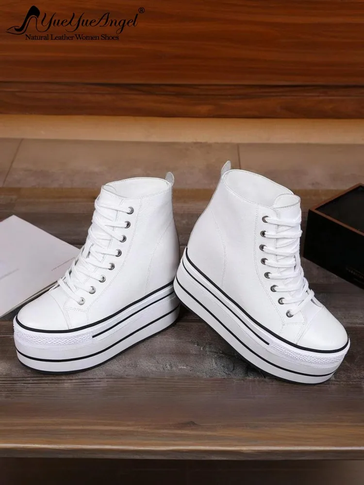 

Youth Fashion Genuine Leather Platform Height-Increasing Pumps Solid Color Cowhide Round Toe Cross-Tied Comfortable Footwear