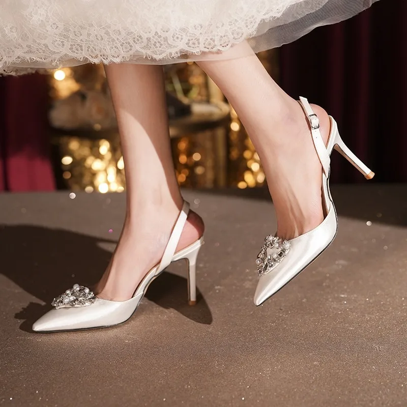 Size 33-43 2026 New Women's White Satin High Heels Crystal Heart Embellished Ankle Strap Bridesmaid Party Shoes 7cm/9cm Heel