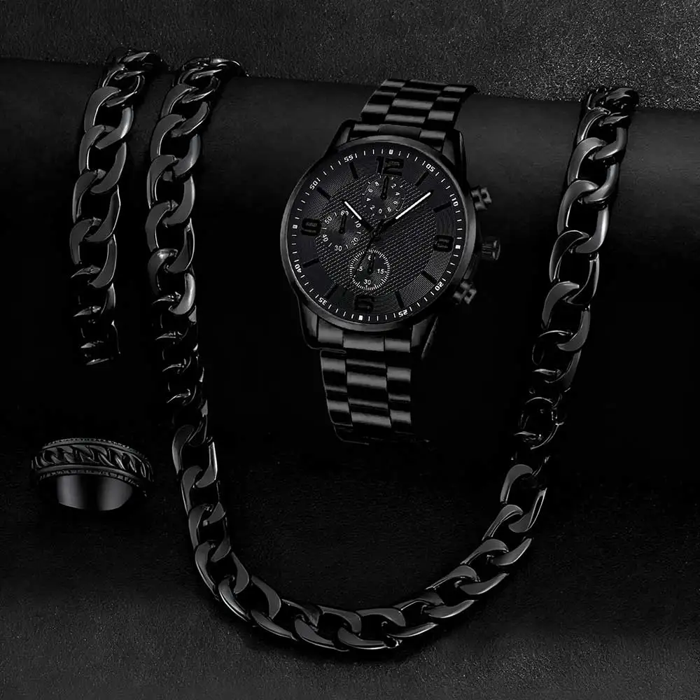 

4PC Men's Watch Set Business Fashion Classic Three Eye Black Round Dial Quartz Watch Bracelet Necklace Ring Set Perfect Gift