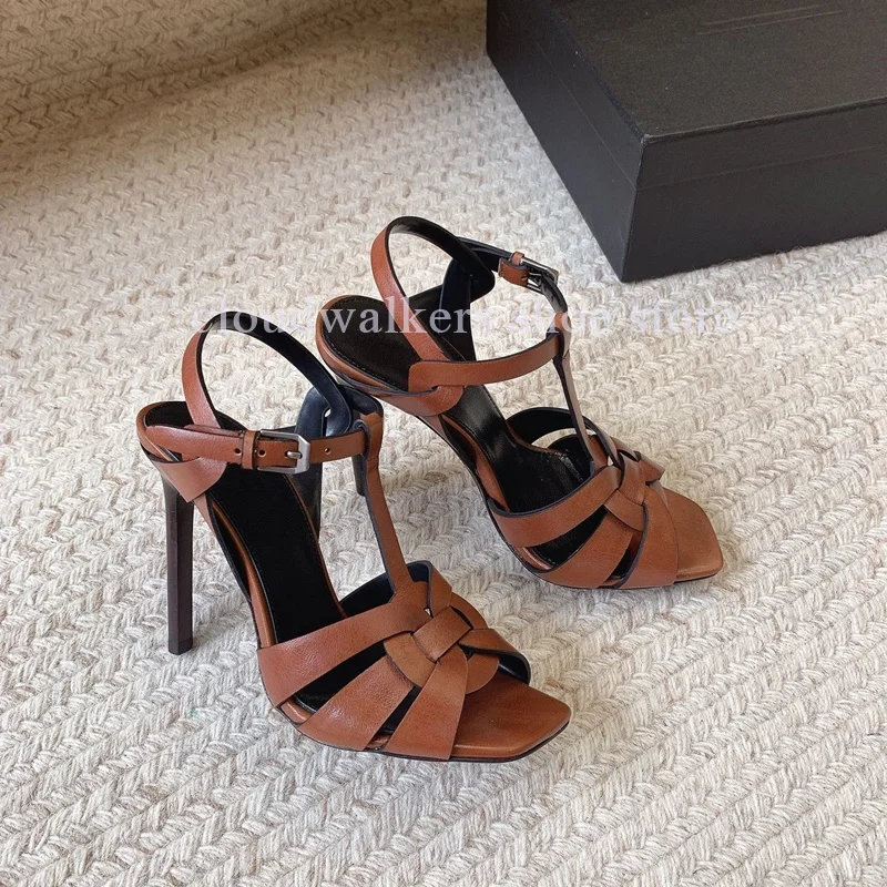 Fashion Cross Woven Strap Design Peep Toe Sandals Sexy Side Hollow Ankle Strap Buckle Stiletto Sandals Glitter Party Dress Shoes