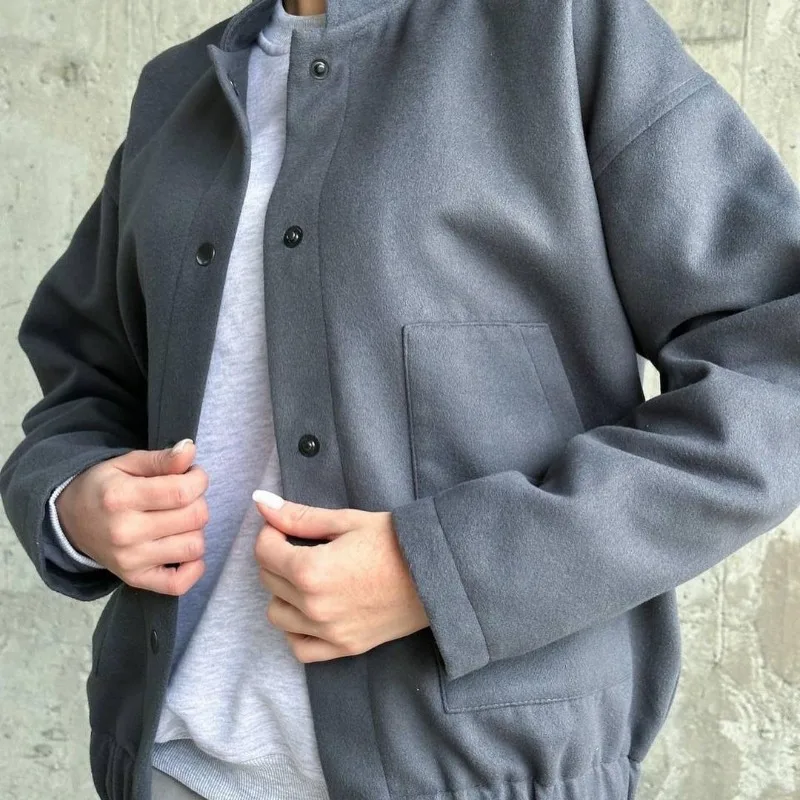 Chaqueta Bomber de manga larga para mujer, abrigo de un solo pecho, ropa de oficina para mujer, cuello alto, bolsillos, prendas de vestir exteriores sueltas, primavera y otoño