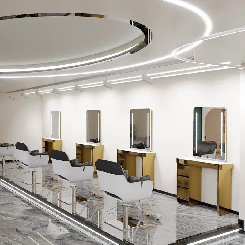 Single double-sided mirror table with cabinet, simple hair  with lamp perm and dye mirror, round hair cut