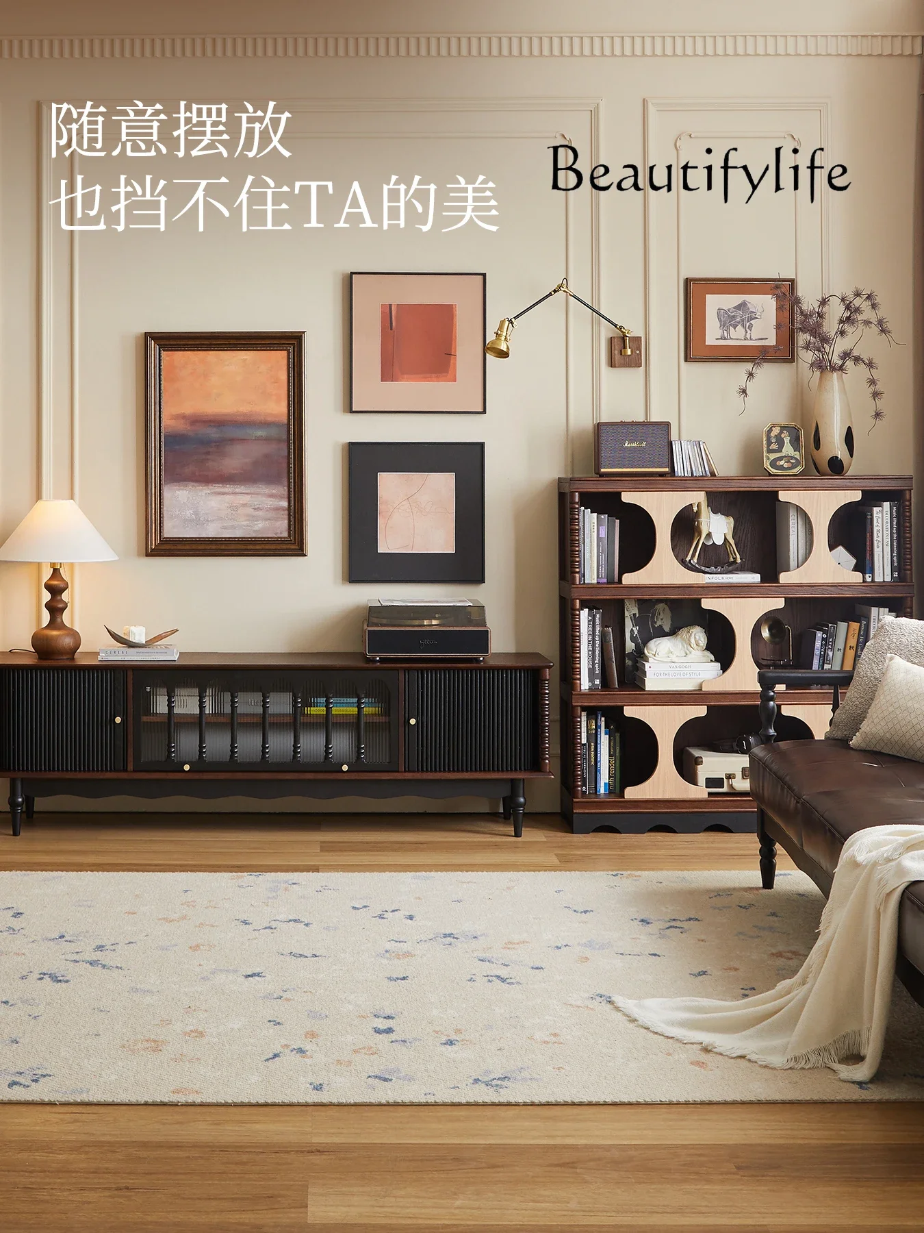 X French Retro Solid Wood Half Wall Bookcase Display Module Combination Entrance Cabinet Living Room Storage Cabinet