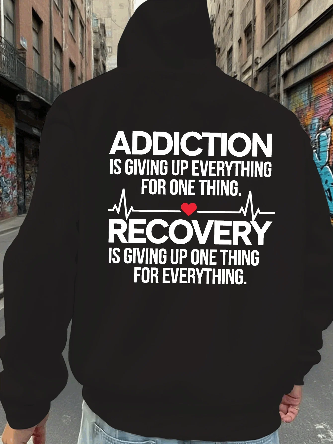 Men's Hoodie - Hooded Sweatshirt with Printed Message about Recovery from Drug Addiction - Dark Gray Black Graphic Pullover - Long-Sleeved Winter Hoodie, Suitable for Daily and Formal Wear - Men's Gift for Drug Addiction Recovery, Casual Streetwear, Comfortable Fit, Durable Fabric, Streetwear Fashion, Stylish Design, Soft Material, Hoodie, Men's Fashion