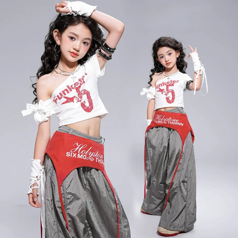 

Girls Hip Hop Clothing Jazz Costume White Crop Tops Baggy Pants Set Group Kpop Music Festival Stage Performance Suit Rave Wear