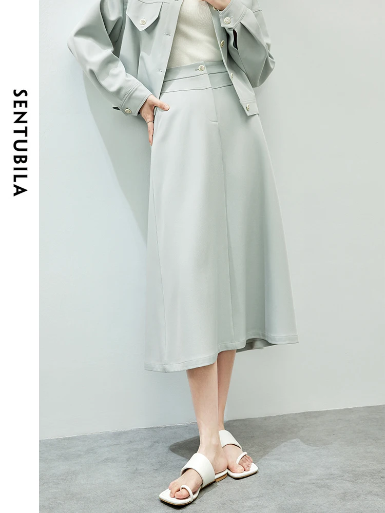 SENTUBILA Women Spring Two Piece Outfits Skirt Set 2024 Casual Fashion Drop Sleeve Shirt Jacket A-line Skirt Female 141Z53193