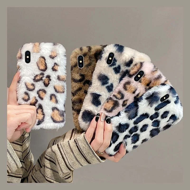 

Cute Cows leopard print Plush Phone Case for iPhone 11 12 13 14 15 16 17 Pro Max Plus Warm Fluffy Shockproof back Cover