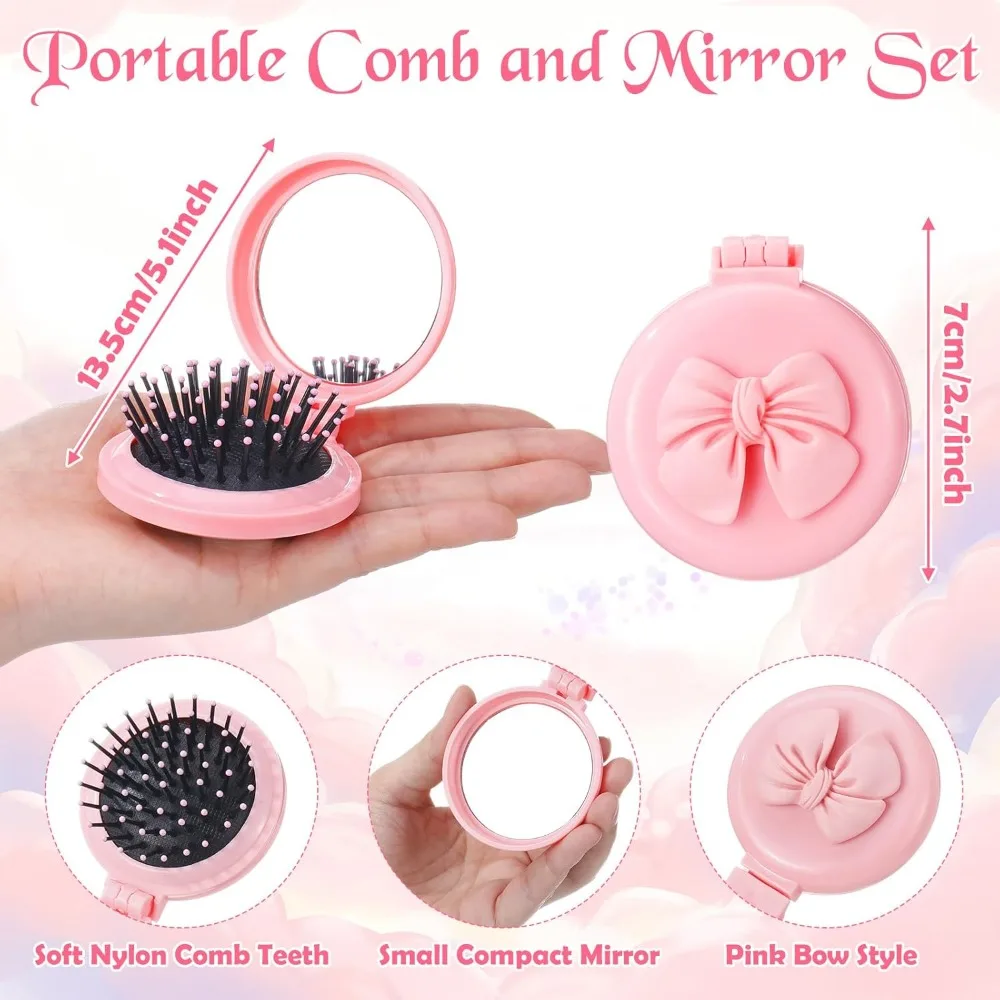 2-20 Sets Pink Coquette Bow Folding Mirror Brush, Scrunchies, Bracelets, Claws for Women Sleepover/Birthday/wedding Gift image 5