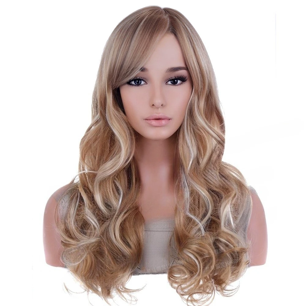 

Long curly hair wig European and American women chemical fiber headgear highlights long hair wig hot sale