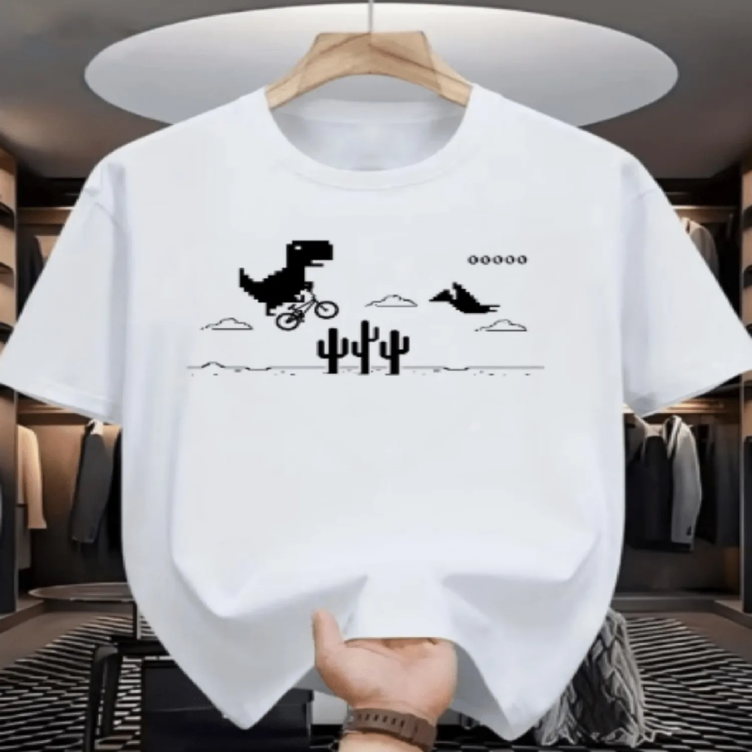 Nostalgic Fun Design Print Versatile Men's Crew Neck Short-sleeve Top, Blending Chrome Browser Offline Dinosaur Pixel Elements with Cycling, Cacti, Flying Birds, and Other Pixelated Motifs Everyday Wear Shirt, Art Print Tshirt