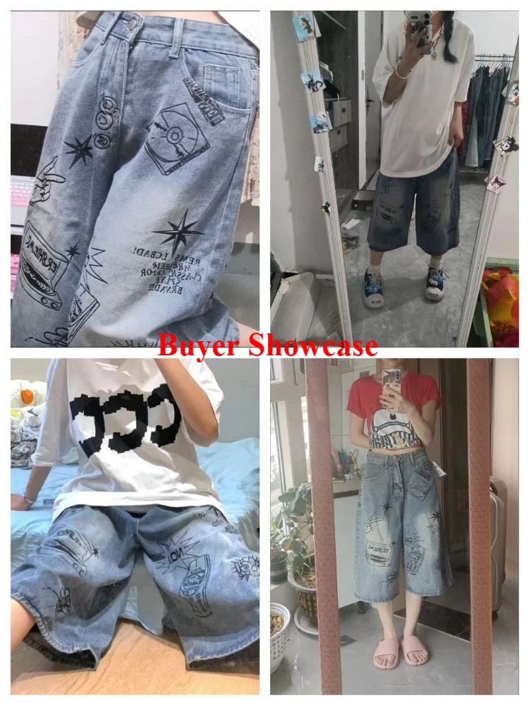 Women Y2k Style Baggy Denim Shorts Wide Leg Short Pants Fashion High Waisted Dark Wash Knee Length Loose Unisex Jeans Casual