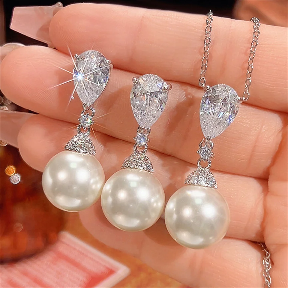 

White Diamond Pearl Tassel Jewelry Set For Women 14mm Light Luxury Necklace And Earring Set White Pearl Stainless Steel Jewelry