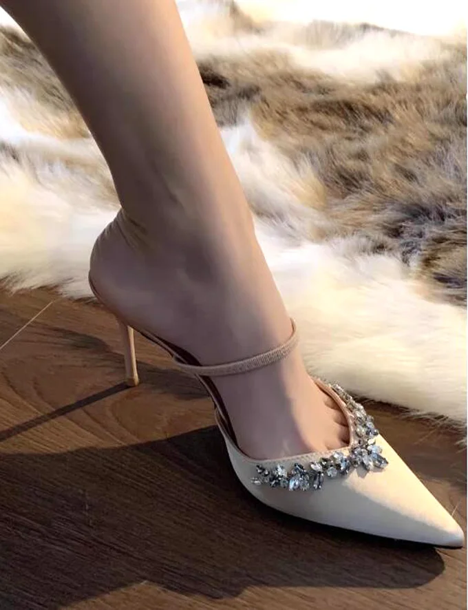 

Sexy Champagne Silk Crystal Thin Strap Slip On Slipper Sandals Women High Heels Glitter Crystal Banquet Pumps Shoes