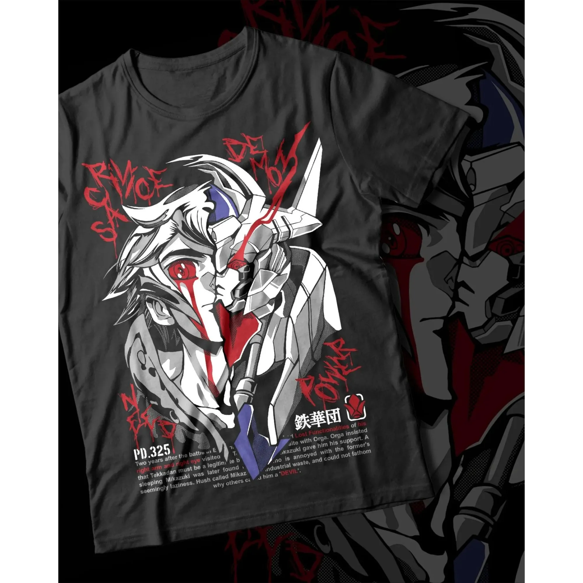 The Devil of Tekkadan T-Shirt Barbatos X Mikazuki Half-Face Design Herren Kurzarm Casual Oversized T-Shirt Hip Hop Anime T-Shirt