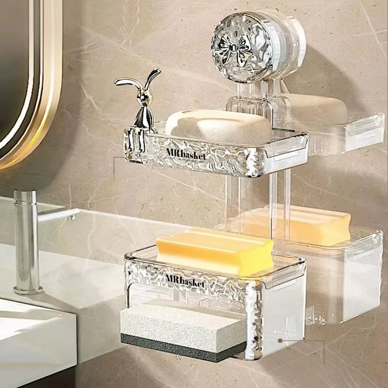 Sucker Soap Box Wall-mounted Perforation-free Household High-end Bathroom Wall Drain Storage Rack Double-layer Soap Box