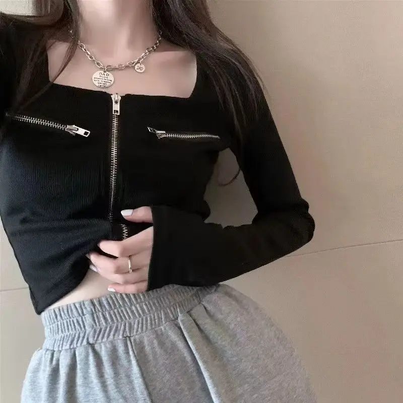 Square Collar Long Sleeved T-shirt for Women's Clothing New Style with Inner Layer Bottom Layer Cardigan Slim Fit Short Top