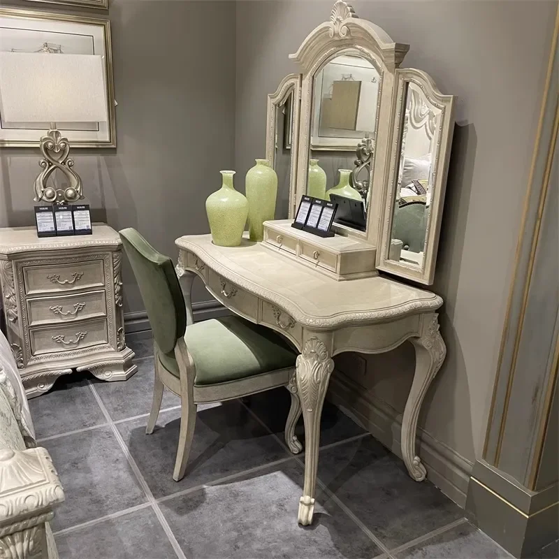 Retro Solid Wood Dresser with Carved Floral Details Vintage Makeup Table Storage Cabinet and Mirror for Bedroom Decor
