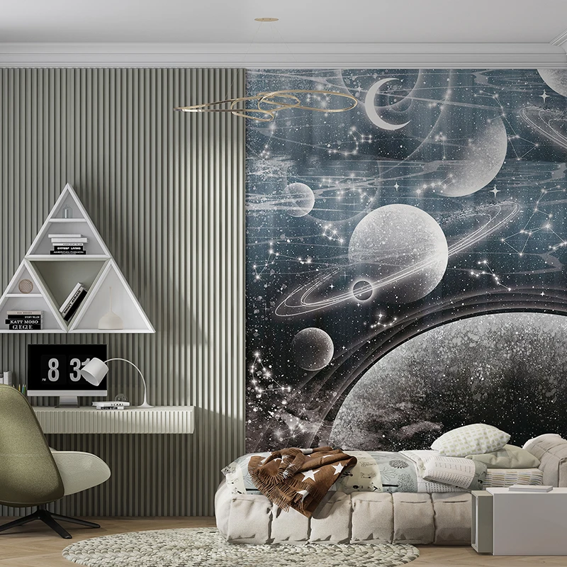 Blue Moon And Stars 3D Large Mural 300cmx200cm Nature Peel And Stick Canvas Fabric Cloth Wallpaper TV Background Wall Decor