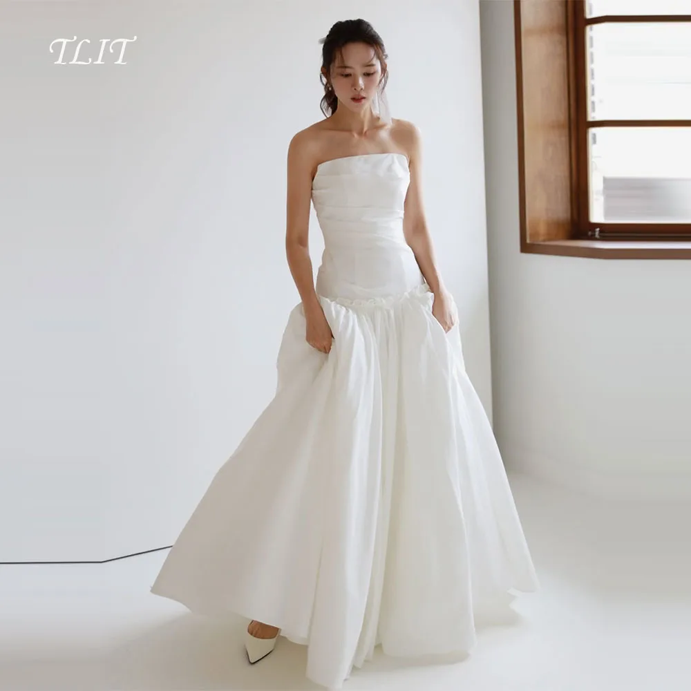 

TLIT Simple Ivory Taffeta A-Line Wedding Gown Customized Strapless Draped Bridal Gowns Korea Wedding Dresses Photos Shoot