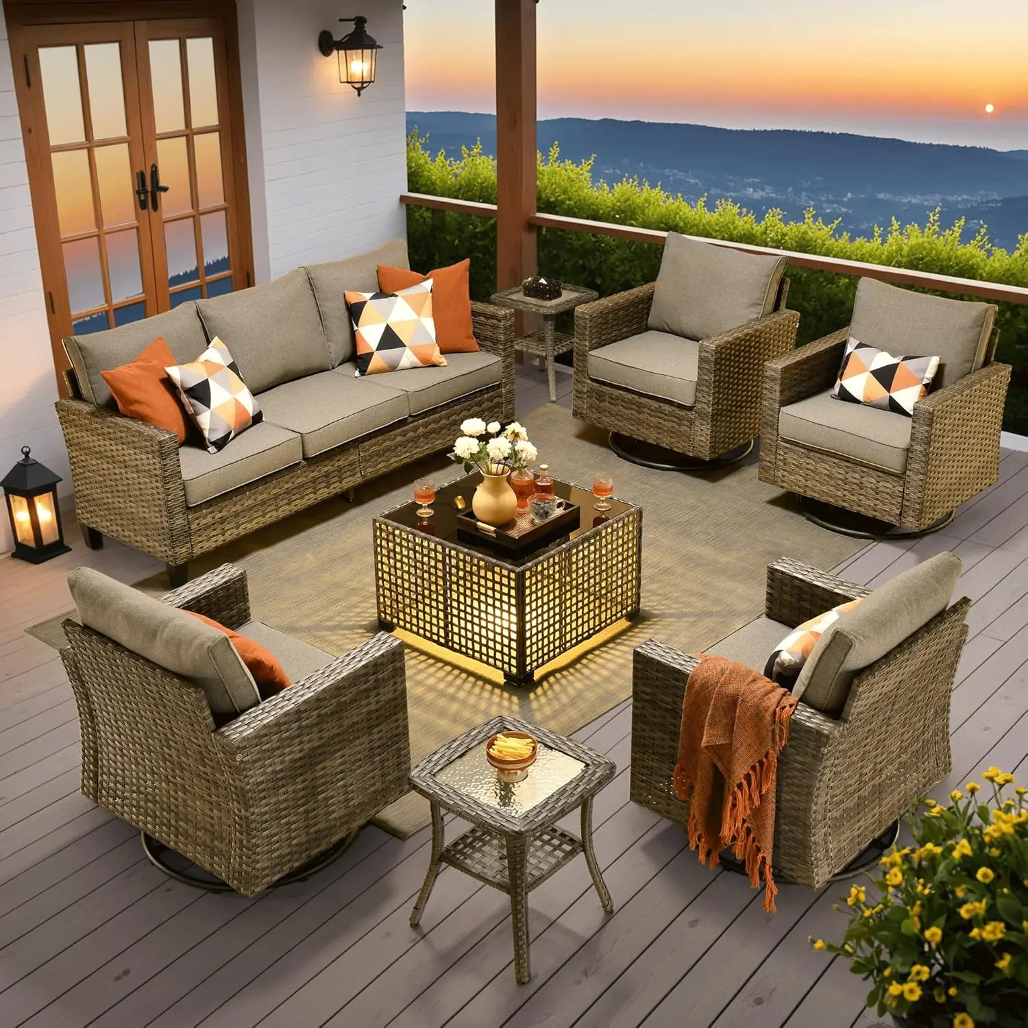 

8pc Patio Set Swivel Rocking Chairs Solar Table Cushioned Wicker Rattan Outdoor Dark Grey Customized