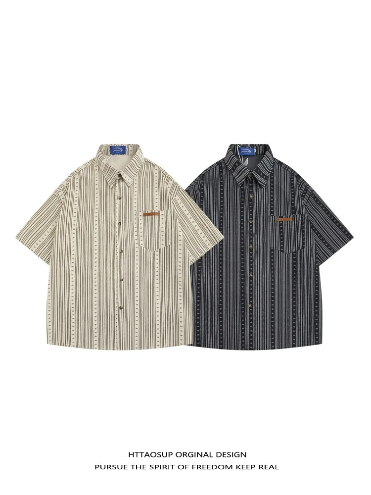 

Retro Japanese Style Loose Short Sleeve Striped Shirt Unisex Summer Casual Versatile Couple Outerwear Soft Luster