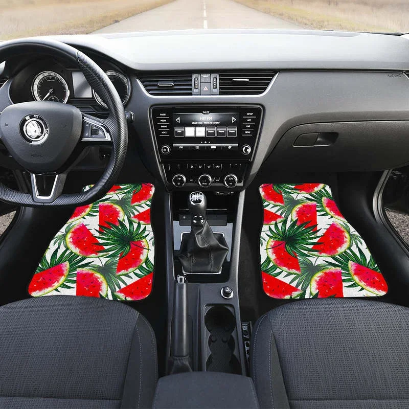 White Palm Leaf Watermelon Pattern Print Front and Back Car Floor Mats    Heavy Carpet Front and Rear Full Set 4PCs Pack