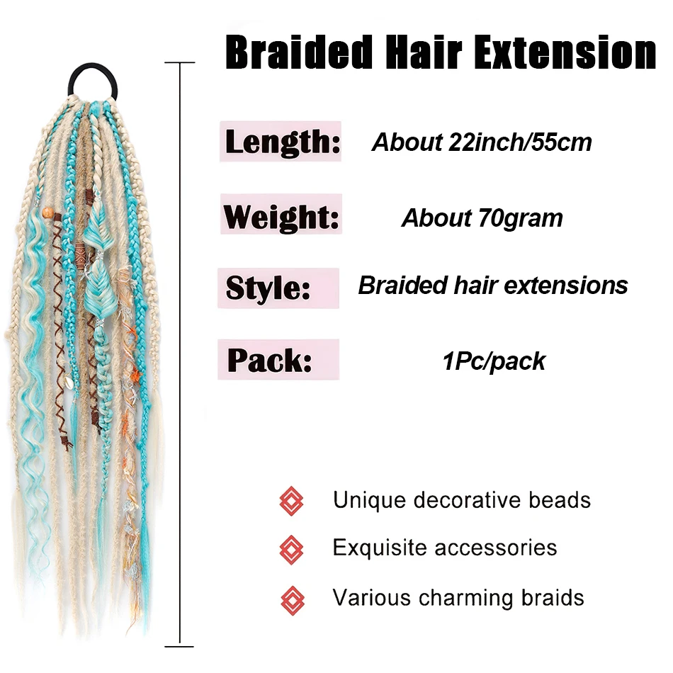 Bohemian Synthetic Braided Ponytail Hair Extensions for Women Handmade Boho Dread Ponytail With Elastic Rubber Band Easy To Wear