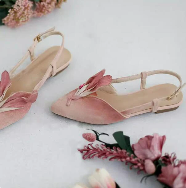 Retro Pleated Petal Flowers Pointed Toe Flat Shoes Back Strap Gradient Purple Pink Suede Sandals Shallow Flats Woman