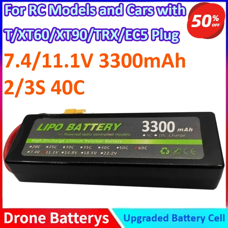 

7.4/11.1V 3300mAh 2/3S 40C New General-purpose Hardcase Li-ion Battery for RC Models and Cars with T/XT60/XT90/TRX/EC5 Plug