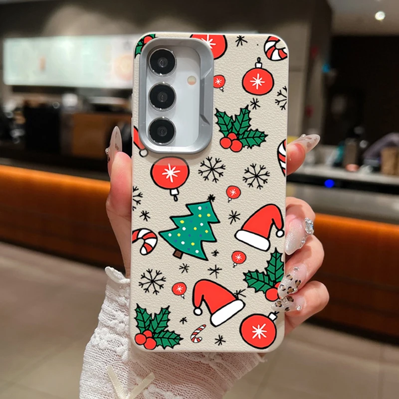 Christmas Hat Case For Samsung Galaxy A55 A54 5G A35 A25 A15 A16 A52 A53 A14 A34 S20 S21 FE S22 S23 S24 Ultra Leather Texture