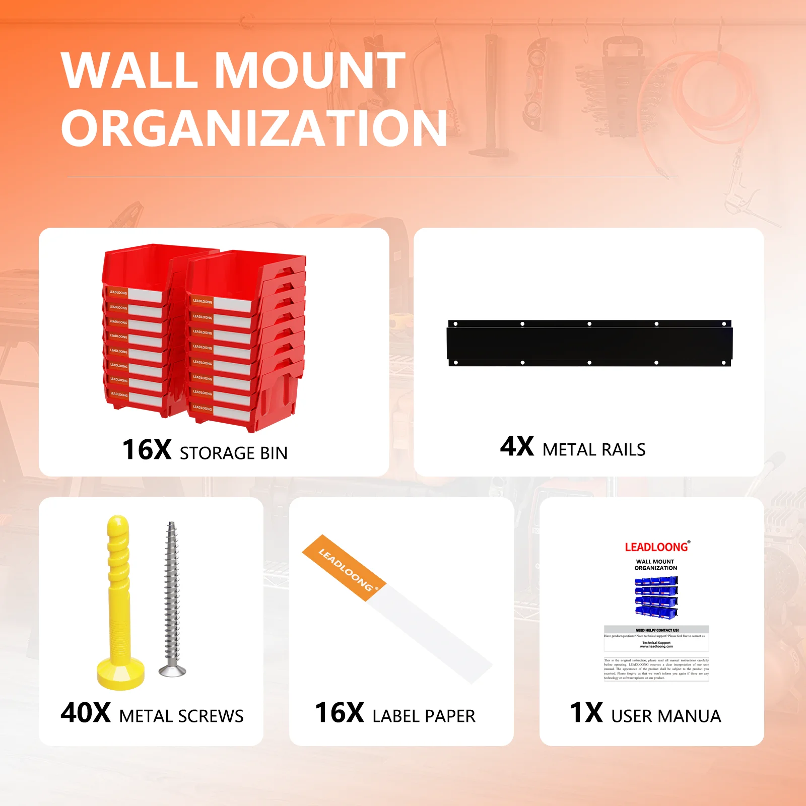 LEADLOONG Durable Wall Mount Organization 49.7*11.4 CM/19.6*4.5 INCH Metal Pegboard For Parts Bin Organizere