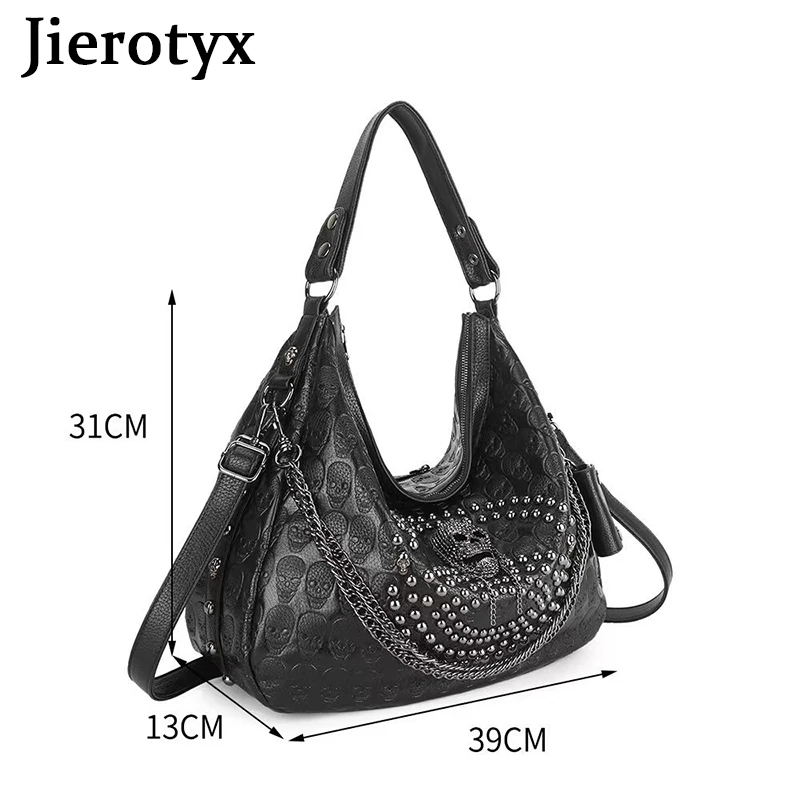 JIEROTYX Women Skull Chain Handbag Large Capacity Gothic Shoulder Bag Studded Doctor Rivet Tote Satchel with Chain Concert