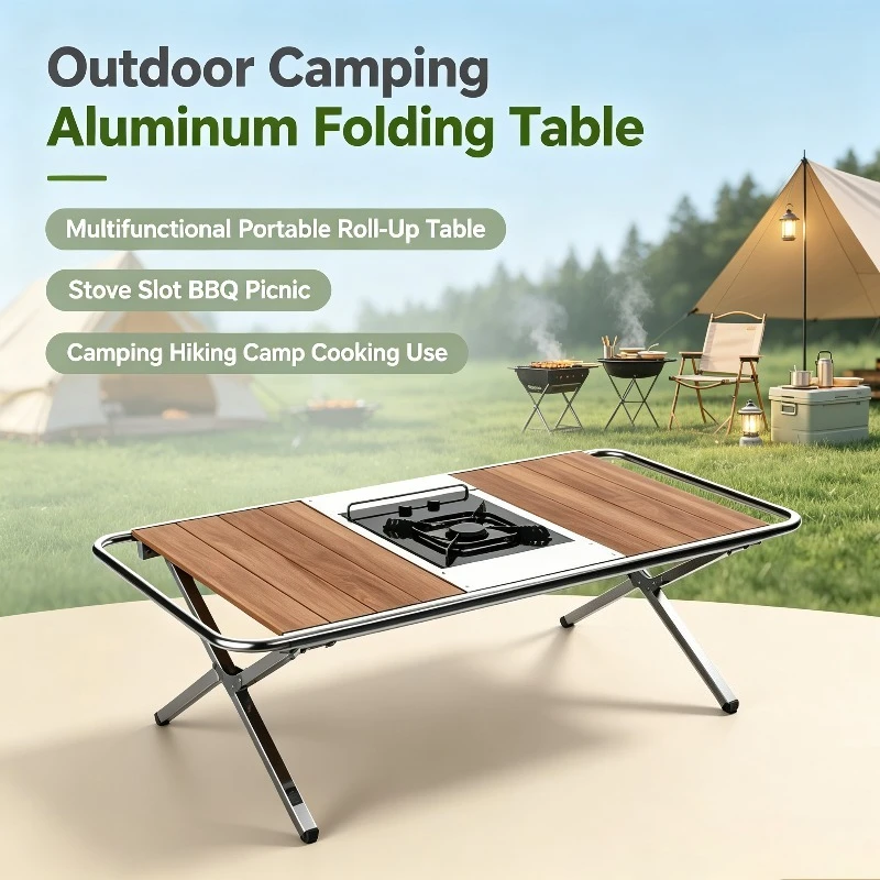 Outdoor Camping Aluminum Folding Table, Multifunctional Portable Roll-Up Table with Stove Slot for BBQ, Picnic and Camping Use