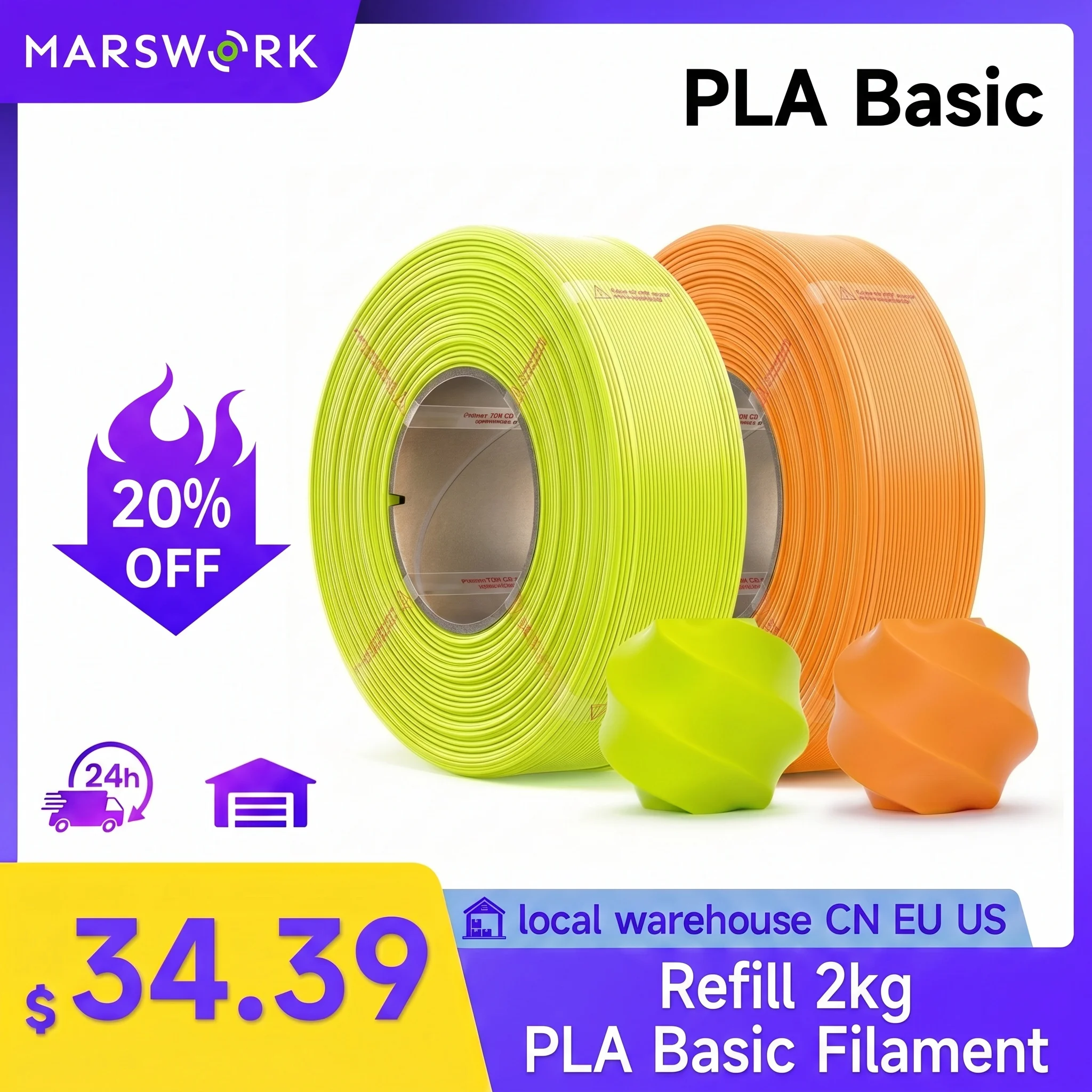 MarsWork PLA Basic Filament 2kg1.75mm Refill for Reusable Spool AMS Compatible with Color Swatch for Bambu Lab 3D Printers