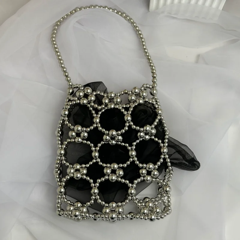 2023 Spring Summer New Hollow Out Pearl Handheld Women\'s Bag DIY Handwoven Beaded Ladies Handbag Mini Phone Bags Luxury Design