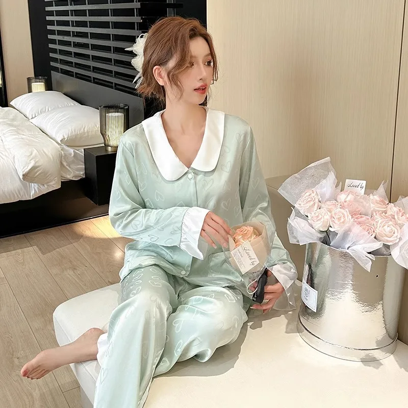 2024 Entry Luxury Spring and Autumn New Ice Silk Long-sleeved High-end Pajamas Women's Outwear Summer Home Clothes Casual suit