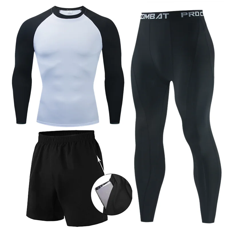 Men Running Sportswear Suit GYM Tight Sports Long Sleeves T-shirt Workout Jogging Fitness Tracksuit Pants Compression 3 Pcs Sets