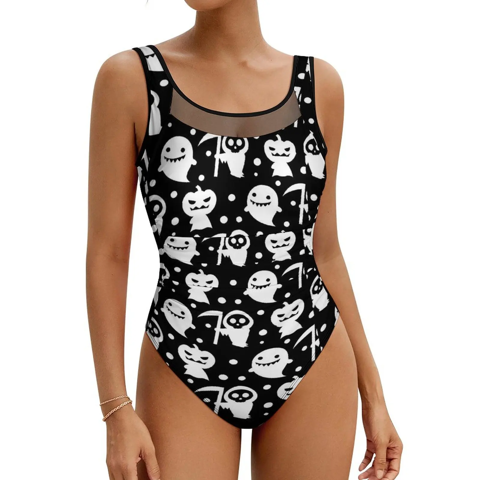 

Happy Halloween Swimsuit Sexy Cute Ghost One Piece Swimwear Push Up Bodysuit Vintage Holiday Rave Beach Wear