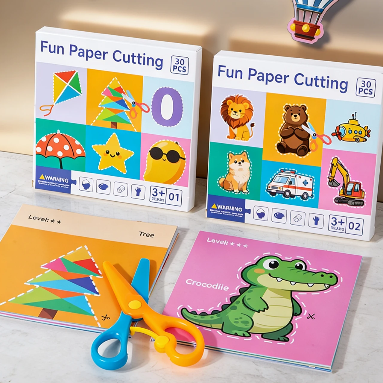 กระดาษตัดลายการ์ตูนสำหรับเด็กอนุบาลโดยเฉพาะ ปลอดภัยด้วยกรรไกรแบบเด้งกลับ ฝึกทักษะการใช้มือและพัฒนาสมองสำหรับเด็กเล็ก
