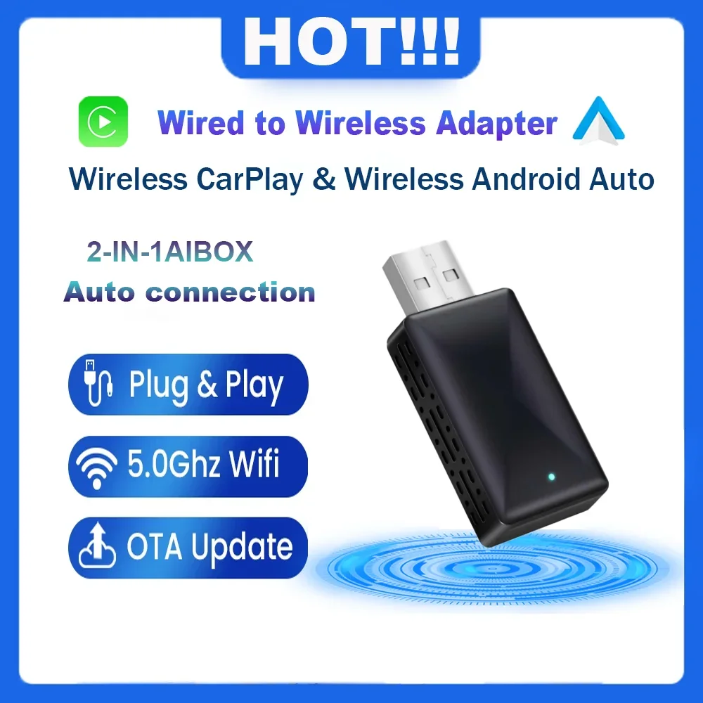 Adaptador USB Inalámbrico 2 en 1 para CarPlay, Conexión por Cable a Inalámbrica, Android Auto, Radio para Auto, Tipo-C, USB, Plug and Play, para Audi, Toyota, VW, Benz
