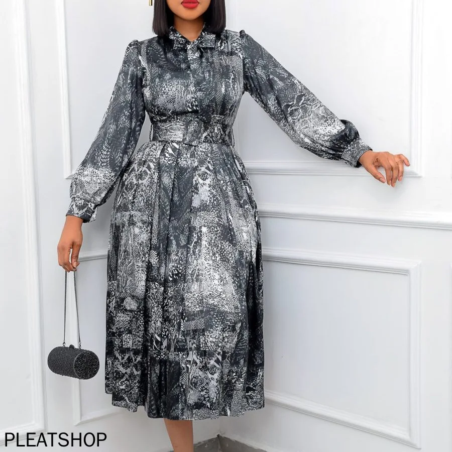 

Elegant Long Sleeve Dress with Belt for Women, High Waist, Printed, Large Size, Banquet, Spring and Autumn, New