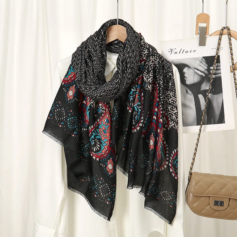 Lenço viscose grosso feminino, xales e envoltórios de algodão, estola de pashmina, sjaal muçulmano, floral paisley, inverno, 180x90cm, 2024