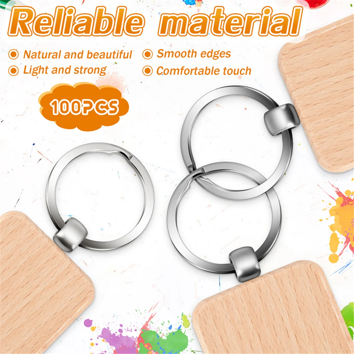 CHCH 100Pcs DIY Blank Wooden Key Chain Square Carved Key Ring Wooden Key Ring About 40 x 40 mm