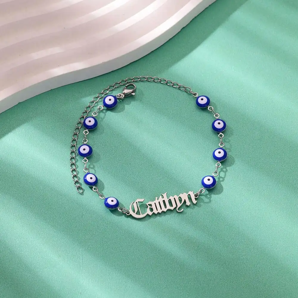 Custom Name Anklets For Women Stainless Steel Blue Evil Eye Chain Customized Ankle Bracelet Female Personalized Leg Foot Jewelry
