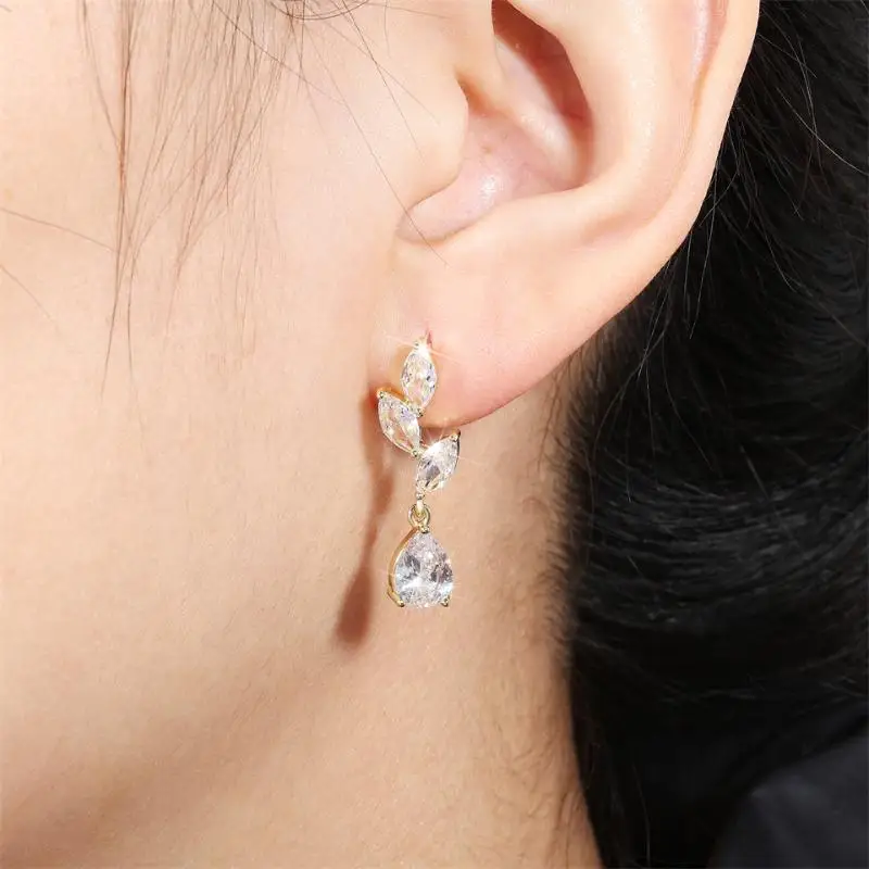 Uilz Classic Leaf Water Drop Zircon Earrings For Women Exquisite Compact Bridal Dress Earring Jewelry