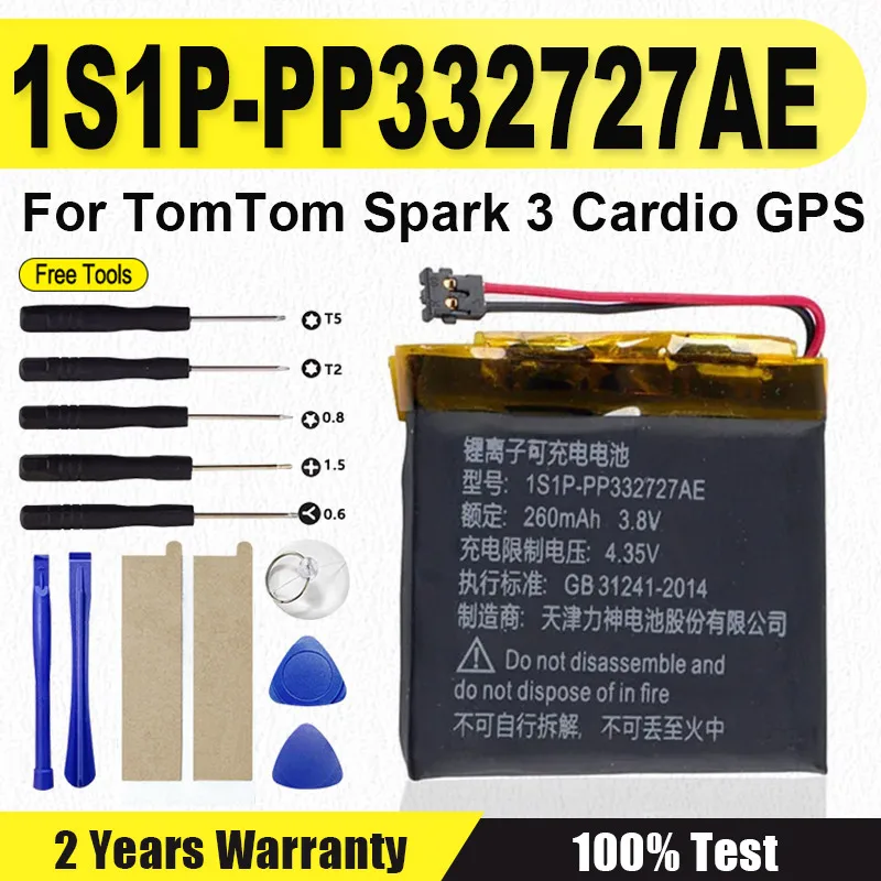 

1S1P-PP332727AE для TomTom Spark 3 Cardio GPS, аккумулятор для часов, 2-проводная вилка, 260 мАч, музыкальная батарея 332727 PP332727
