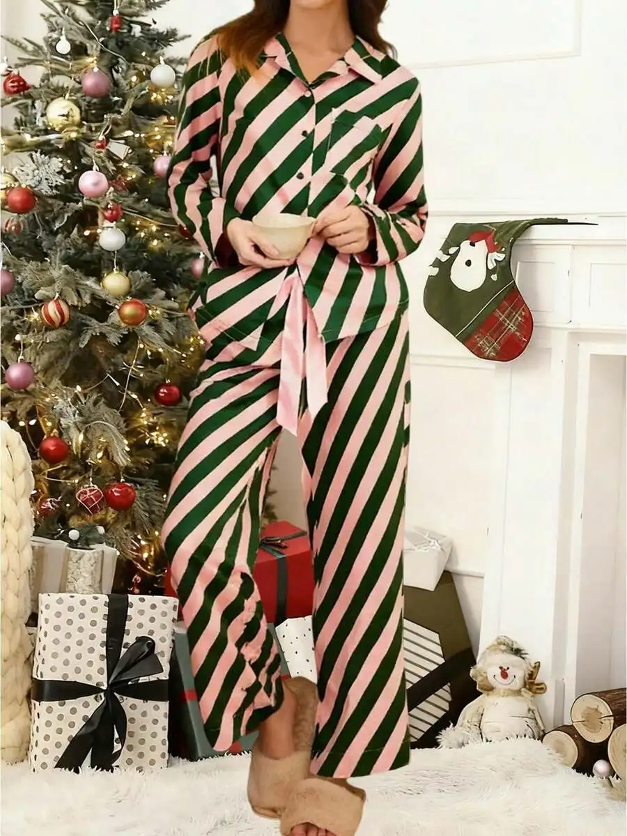 

Women Satin Stripe Print Long Sleeve Lapel Pajama Set With Elastic Waist Pants