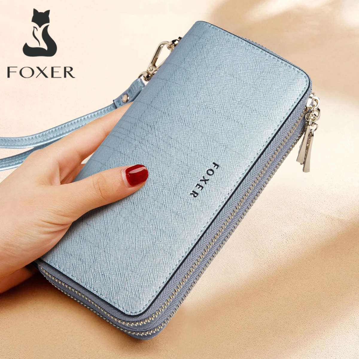 

FOXER Lady's Split Leather Wallet Bifold Long Clutch Bag with Wristlet Fashion Card Holder Coin Purse Cellphone Bag Money Bag